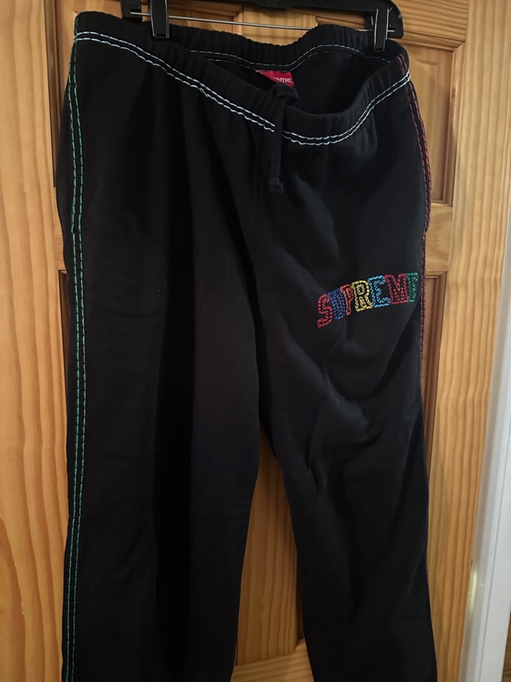 Supreme Big Stitch Black Sweatpants with Rainbow Embroidered Logo